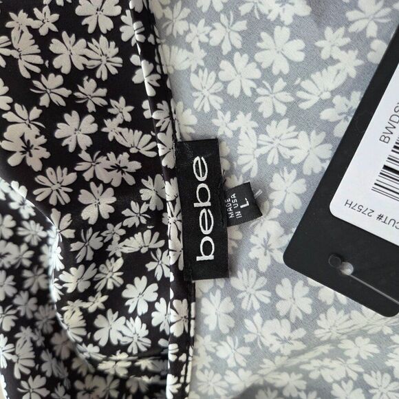 Bebe Black White Ditzy Floral Midi Slip Dress Size L Stretch Satin NEW Cowl Neck - Picture 7 of 10